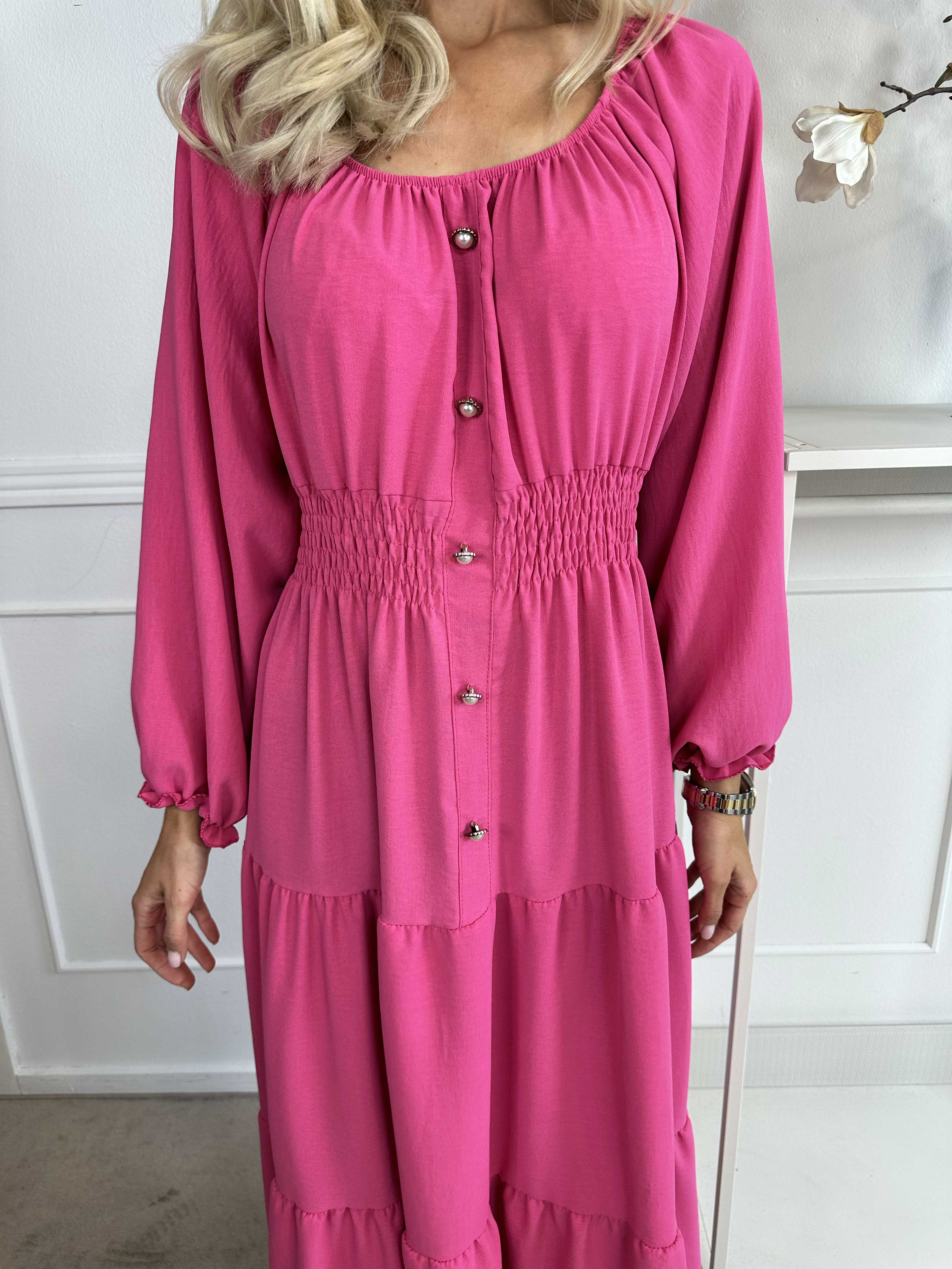 Midnight - Långklänning med smockad midja och guldknappar